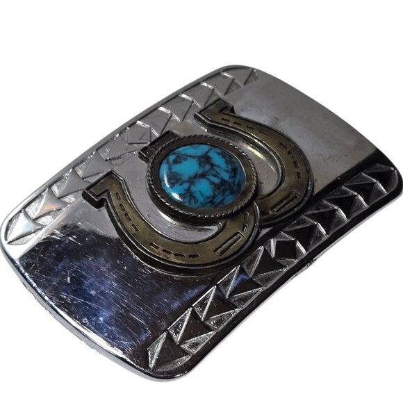 Vintage Turquoise Horseshoes Belt Buckle Western Cowboy Country Cowgirl Rodeo - Picture 6 of 14